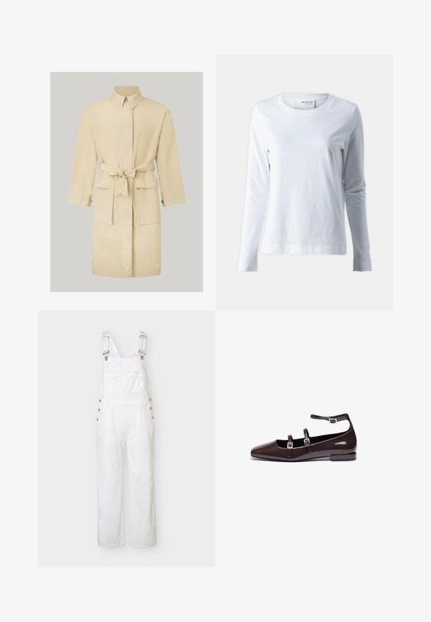 Beige belt trenchcoat med krave, lange ærmer, to frontlommer og en glat tekstur. Klassiske knapdetaljer ved manchetterne.; Hvid langærmet t-shirt lavet af blødt bomuld. Har en rund halsudskæring og tætsiddende ærmer. Glat tekstur med et enkelt design.; Hvide denim-overalls med justerbare skulderstropper, frontlomme på brystet, sideknapper og brede, lige ben vist på en ensfarvet baggrund.; Brune patentlæder flade sko med spids tå, der har to justerbare stropper og sølvspænder samt en lav, firkantet hæl.