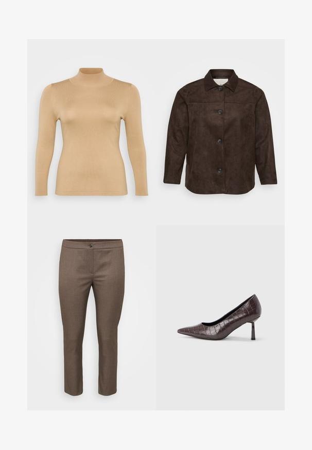 Ruskea mokkatakki, jossa on kauluspaita, viisi mustaa nappia edessä ja pitkät hihat. Silkkinen rakenne ja istuva malli.; Beige toppi med høy hals, lange ermer og ribbestruktur. Fitted design i glatt materiale uten synlige dekorasjoner.; Ruske tailored trousers, dibuat dari kain tekstur, fitur penutupan kancing, dan desain slim fit dengan kaki lurus dan tanpa saku yang terlihat.; Ruskeat keinonahkaiset, kärjestä terävät korot, joissa krokotiilikuosinen pinta, ohut kulmikas kenkäkulma ja sileä sisäpinta.