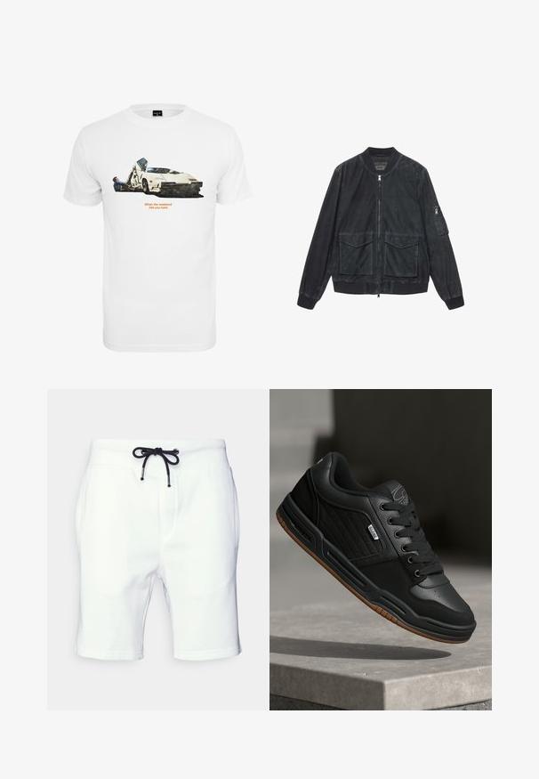Sort bomberjakke med frontlynlås, to klaplommer, ribstrikkede manchetter og kant samt lynlåslomme på venstre ærme.; Hvid bomulds T-shirt med en bilillustration med to figurer, tekst der siger "Når weekenden rammer dig hårdt," og sat mod en simpel baggrund.; Hvide svedshorts lavet af bomuld, med en sort snor i det elastiske liv og sidelommer. Glat tekstur og længde til midt på låret.; Sort sneakers med overdel i læder og syntetisk materiale, teksturede detaljer, runde snørebånd, perforeret tåboks og sål af gummigummi.