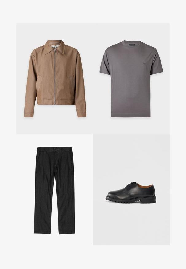 Chaqueta marrón con cremallera, cuello puntiagudo, mangas largas y bolsillos laterales, mostrada sobre un fondo claro y liso.; Camiseta gris de manga corta con cuello redondo, con pequeño logotipo bordado en el pecho izquierdo y una etiqueta de la marca en el interior del cuello.; Pantalones negros de corte recto para hombre con botón frontal, bragueta con cremallera y bolsillos laterales, mostrados planos sobre fondo blanco.; Zapato negro de cuero con punta redondeada, diseño de cordones y suela de goma texturizada. Presenta costuras en contraste y forro interior marrón.