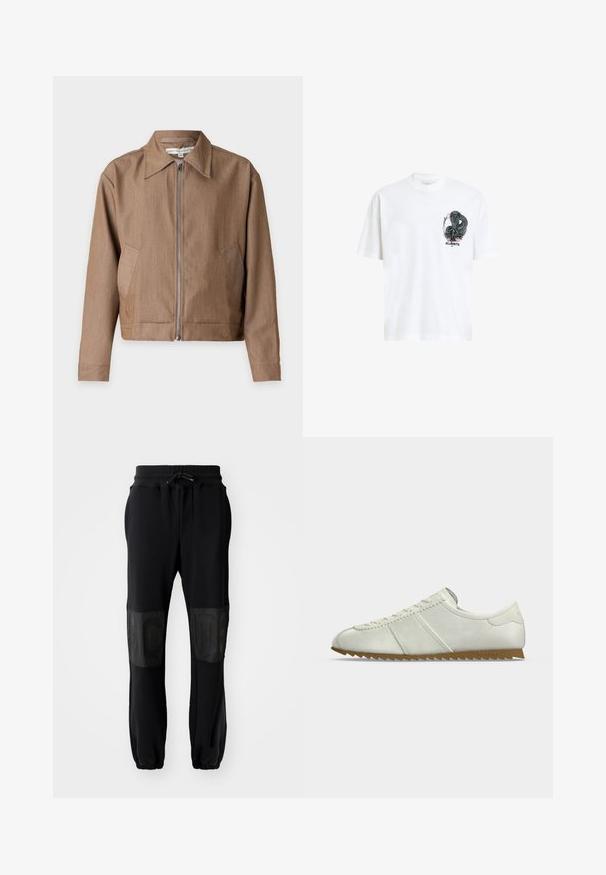 Brun lynlåstrøje med spids krave, lange ærmer og sidelommer, vist på en enkel lys baggrund.; Hvid bomulds t-shirt med et stort sort slangemotiv med blomstrede detaljer på fronten og "ALLSAINTS" tekst nedenunder. Korte ærmer.; Svarte joggebukser med ribbet midjebånd, snøring og elastiske mansjetter. Har blanke svarte paneler på lårene med præget tekst.; Lavprofils hvid sneaker med ruskindsdetaljer, snørelukning og brun zigzag gummisål, vist fra ydersiden.