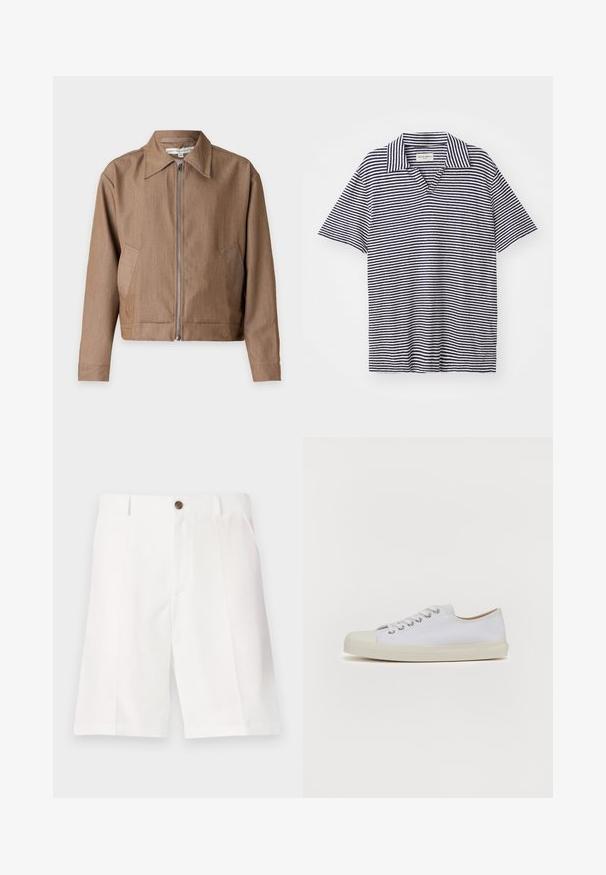 Chaqueta marrón con cremallera, cuello puntiagudo, mangas largas y bolsillos laterales, mostrada sobre un fondo claro y liso.; Camisa polo a rayas con escote en V, con rayas horizontales en azul marino y blanco, de mangas cortas y fabricada en un tejido suave y ligero.; Bermudas blancas hechas de una tela ligera con un corte relajado, que cuentan con un solo botón marrón y bolsillos delanteros.; Zapatilla de lona blanca con punta redonda, suela plana de goma crema, seis ojetes para cordones y sutiles detalles de costura en la parte superior.