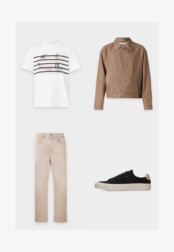 Veste marron zippée avec un col pointu, des manches longues et des poches latérales, présentée sur un fond clair uni.; T-shirt en coton blanc avec des rayures horizontales noires et un imprimé graphique d'oiseaux avec un texte rouge "BUSTED" et un texte supplémentaire en dessous.; Jean en denim beige avec une coupe droite, cinq poches et une fermeture avant par bouton. Présente un léger dégradé et des détails de couture.; Baskets basses noires avec languette beige au talon, semelle en caoutchouc blanche épaisse, lacets noirs et petite étiquette "PS Paul Smith" sur le côté.