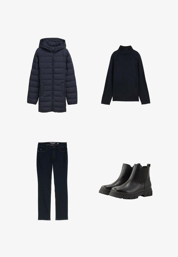 Navyblå polstret jakke med hætte, frontlynlås, to sidelommer og vandret quiltet design. Glat tekstur og minimal detaljering.; Sort turtleneck sweater med ribbet krave, lange ærmer og en afslappet pasform lavet af blødt strikket materiale.; Mørkeblå lige ben jeans lavet af denim. Har fem lommer, kontrastfarvet orange syning og en linning med mærkets navn.; TOM TAILOR Ankelstøvler - black