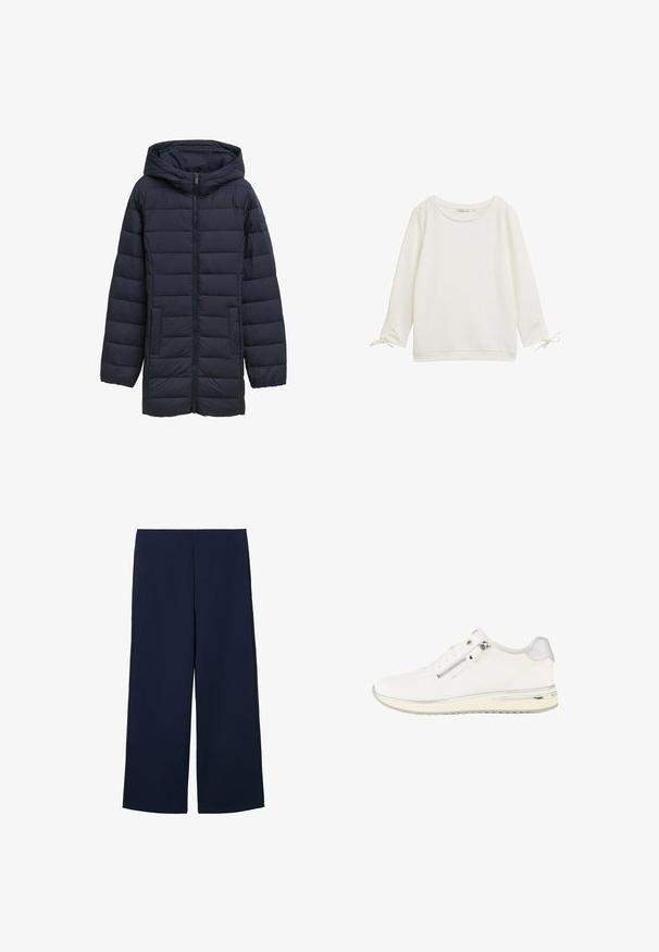 Navyblå polstret jakke med hætte, frontlynlås, to sidelommer og vandret quiltet design. Glat tekstur og minimal detaljering.; Hvid langærmet top med en tekstureret overflade, rund halsudskæring og snore ved ærmerne. Simpelt design med en afslappet pasform.; Marineblå brede bukser lavet af letvægtigt stof, med et rent design og lige snit, forsynet med sidelommer og uden synlige lukninger.; Hvid low-top sneaker med lynlås i siden, snørebånd foran, tekstureret stof og sølvdetaljer på hælen og sålen.