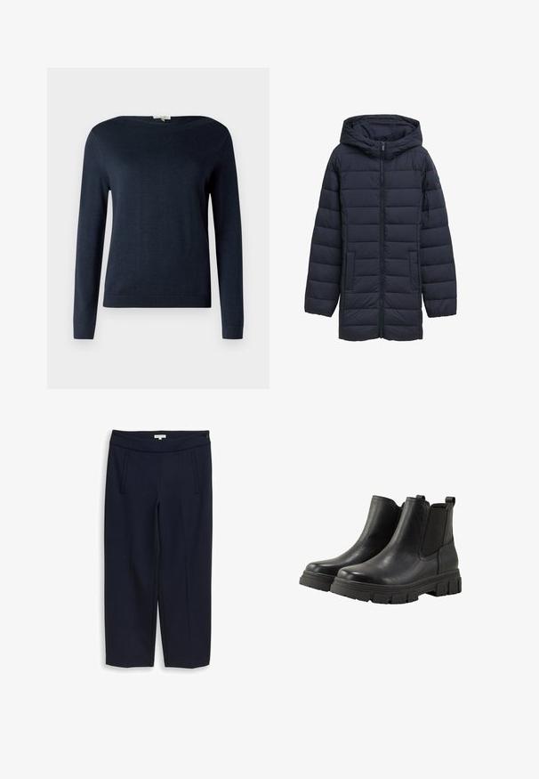 Navyblå polstret jakke med hætte, frontlynlås, to sidelommer og vandret quiltet design. Glat tekstur og minimal detaljering.; Navyblå langærmet sweater med rund hals og ribbede manchetter og kant, vist mod en simpel hvid baggrund.; Marineblå bukser med lige ben, sidelommer og en tilpasset talje, skræddersyet til et rent, formelt look.; TOM TAILOR Ankelstøvler - black