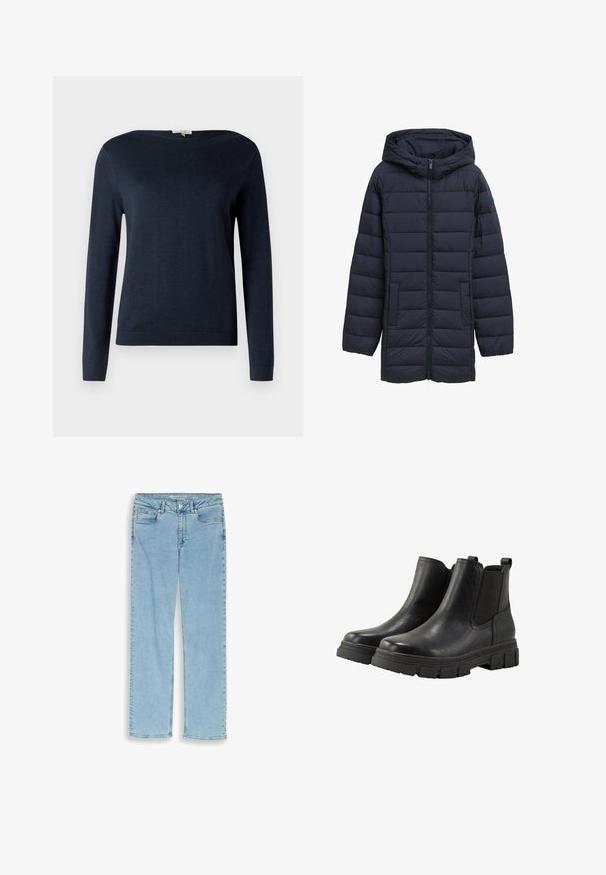 Navyblå polstret jakke med hætte, frontlynlås, to sidelommer og vandret quiltet design. Glat tekstur og minimal detaljering.; Navyblå langærmet sweater med rund hals og ribbede manchetter og kant, vist mod en simpel hvid baggrund.; Lyseblå straight-leg denimjeans med knap, lynlås og fem-lomme-stil lagt fladt på hvid baggrund.; TOM TAILOR Ankelstøvler - black
