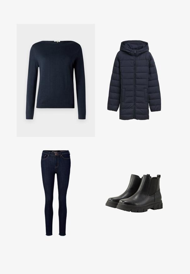 Veste matelassée bleu marine avec capuche, fermeture éclair devant, deux poches latérales et design matelassé horizontal. Texture lisse et détails minimaux.; Pull en tricot bleu marine à manches longues et col rond, avec des poignets et un ourlet côtelés, présenté sur un fond blanc uni.; Jean skinny en denim foncé à taille haute, avec un ourlet effiloché et des coutures orange. Il dispose d'un zip à l'avant, d'une fermeture à bouton, et de cinq poches.; TOM TAILOR Boots à talons - black