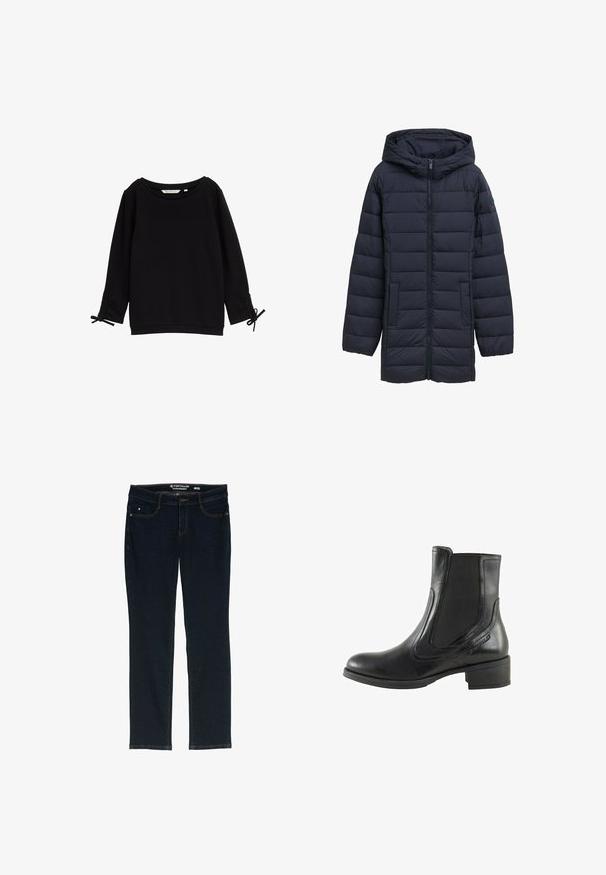 Navyblå polstret jakke med hætte, frontlynlås, to sidelommer og vandret quiltet design. Glat tekstur og minimal detaljering.; Sort tekstureret sweatshirt med bred halsudskæring, lange ærmer og justerbare snore ved manchetterne. Blødt stof, minimalistisk design.; Mørkeblå lige ben jeans lavet af denim. Har fem lommer, kontrastfarvet orange syning og en linning med mærkets navn.; Sorte læder ankelstøvler med elastiske sidepaneler, buet syningsdetalje og en lav blokhæle. Glat tekstur, klassisk design.