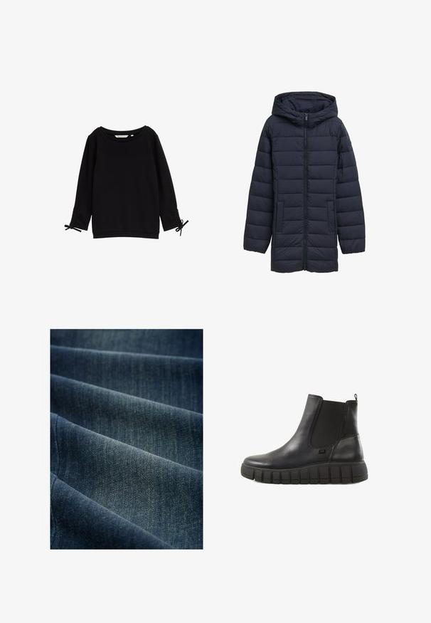 Navyblå polstret jakke med hætte, frontlynlås, to sidelommer og vandret quiltet design. Glat tekstur og minimal detaljering.; Sort tekstureret sweatshirt med bred halsudskæring, lange ærmer og justerbare snore ved manchetterne. Blødt stof, minimalistisk design.; Denimstof i mørkeblå, der har en blød tekstur med synlige vævemønstre og subtile højdepunkter, draperet i folder.; Sorte ankelstøvler i blank læder, med elastiske sidepaneler og en tyk, struktureret gummisåler med vandrette riller.