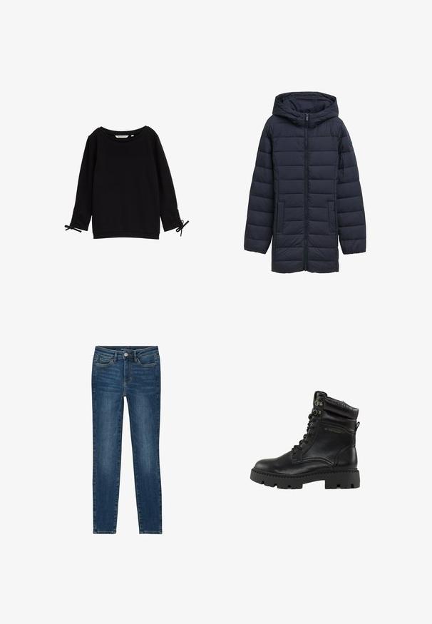 Dunkelblau gesteppte Jacke mit Kapuze, Frontreißverschluss, zwei seitlichen Taschen und horizontalem Steppmuster. Glatte Textur und minimale Details.; Schwarzer Sweatshirt mit Struktur, weit ausgeschnittenem Halsausschnitt, langen Ärmeln und verstellbaren Bändern an den Bündchen. Weicher Stoff, minimalistisches Design.; Schmale Jeans aus dunkelblauem Denim, mit einem klassischen Fünf-Taschen-Design, geraden Nähten sowie einem Knopf- und Reißverschluss.; Schwarze Schnürboots mit glanzlederner Oberfläche, gepolstertem Kragen und robuster Gummisohle. Mit Metallösen und Branding an der Seite.