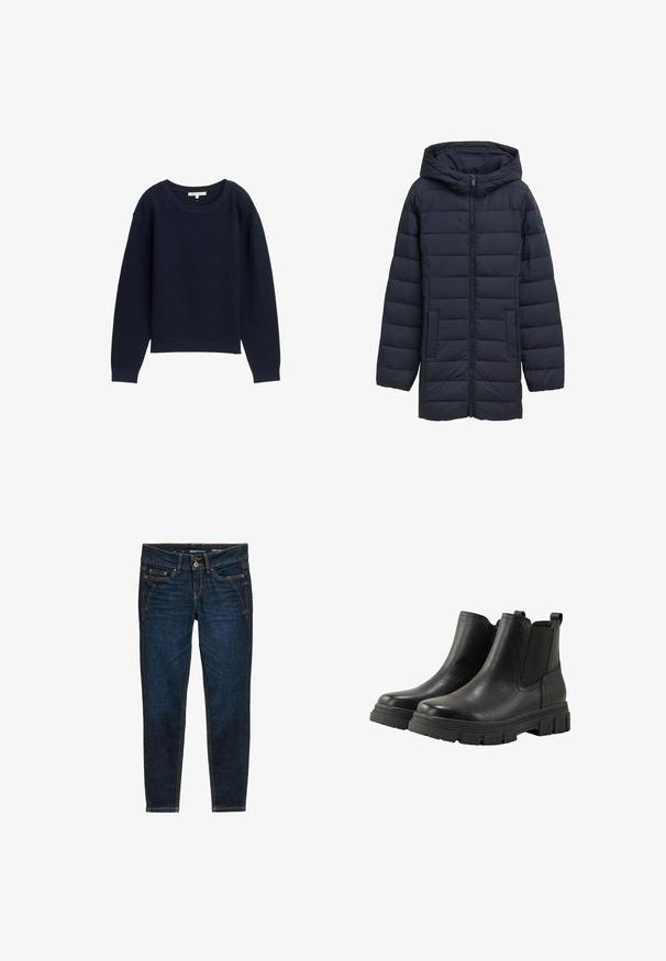 Dunkelblau gesteppte Jacke mit Kapuze, Frontreißverschluss, zwei seitlichen Taschen und horizontalem Steppmuster. Glatte Textur und minimale Details.; Marineblauer Strickpullover mit lockerer Passform, weitem Rundhalsausschnitt und gerippten Bündchen. Mit einem strukturierten Muster über den gesamten Stoff.; Dunkelblaue Denim-Jeans mit schmaler Passform, orangefarbener Naht, fünf Taschen und einem Knopfverschluss an der Taille.; TOM TAILOR Ankle Boot - black