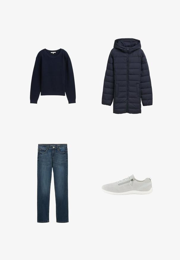 Navyblå polstret jakke med hætte, frontlynlås, to sidelommer og vandret quiltet design. Glat tekstur og minimal detaljering.; Marineblå strikket sweater med en afslappet pasform, bred rund hals og ribbede manchetter. Har et struktureret mønster gennem hele stoffet.; Mørkeblå denimjeans med regelmæssig pasform, fem lommer, let falmning foran og kontrastsyede detaljer. Ren kant ved anklerne.; Lysegrå mesh-sneaker med sidelås, snørelukning, hvid sål og trækstrop ved hælen, vist i venstre profil.