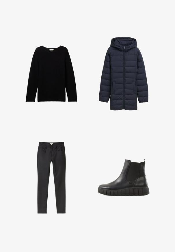 Veste matelassée bleu marine avec capuche, fermeture éclair devant, deux poches latérales et design matelassé horizontal. Texture lisse et détails minimaux.; Pull noir à manches longues en tissu côtelé, avec un col rond et des épaules tombantes, offrant une coupe décontractée et sans accents visibles.; Jean skinny noir en denim, avec une texture lisse. Comprend cinq poches et une fermeture à bouton unique à la taille.; Bottes noires arrivant à la cheville en cuir brillant, avec des panneaux élastiques sur les côtés et une semelle en caoutchouc épaisse et texturée avec des rainures horizontales.