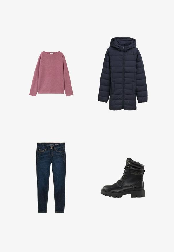 Navyblå polstret jakke med hætte, frontlynlås, to sidelommer og vandret quiltet design. Glat tekstur og minimal detaljering.; Langærmet, løstsiddende sweater i et blødt pink strikmateriale. Rund halsudskæring og sænkede skuldre med en struktureret overflade.; Mørkeblå denim jeans med slim fit, der har orange syninger, fem lommer og en knaplukning i taljen.; Sorte snørestøvler med en blank læderfinish, polstret krave og kraftig gummisål. Udstyret med metal-øjer og branding på siden.
