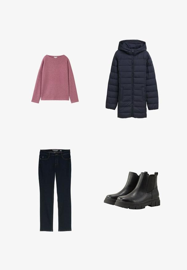Dunkelblau gesteppte Jacke mit Kapuze, Frontreißverschluss, zwei seitlichen Taschen und horizontalem Steppmuster. Glatte Textur und minimale Details.; Langärmliger, lockerer Pullover aus einem weichen, rosa Strickmaterial. Rundhalsausschnitt und überschnittene Schultern, mit einer strukturierten Oberfläche.; Dunkelblaue gerade geschnittene Jeans aus Denim. Verfügt über fünf Taschen, kontrastierende orangefarbene Nähte und ein Etikett am Bund mit dem Markennamen.; TOM TAILOR Ankle Boot - black