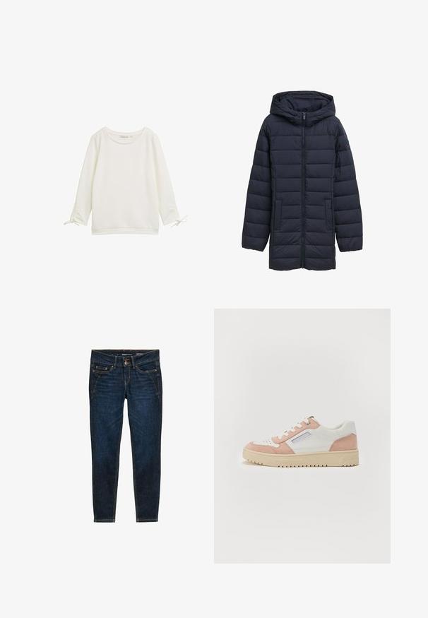 Navyblå polstret jakke med hætte, frontlynlås, to sidelommer og vandret quiltet design. Glat tekstur og minimal detaljering.; Hvid langærmet top med en tekstureret overflade, rund halsudskæring og snore ved ærmerne. Simpelt design med en afslappet pasform.; Mørkeblå denim jeans med slim fit, der har orange syninger, fem lommer og en knaplukning i taljen.; Hvide og lyserøde sneakers i glat læder og ruskind, rund tå, flad sål og tonale snørebånd. Har sidebranding-detalje.