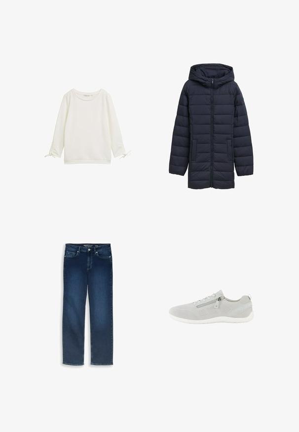 Dunkelblau gesteppte Jacke mit Kapuze, Frontreißverschluss, zwei seitlichen Taschen und horizontalem Steppmuster. Glatte Textur und minimale Details.; Weißes Oberteil mit langen Ärmeln, strukturiertem Oberflächenmaterial, rundem Ausschnitt und Bindebändern an den Ärmeln. Schlichtes Design mit lockerer Passform.; Dunkelblaue, gerade geschnittene Jeans mit fünf Taschen und Knopfverschluss, Größe 27/32, auf weißem Hintergrund flach liegend.; Hellgrauer Mesh-Sneaker mit seitlichem Reißverschluss, Schnürverschluss, weißer Sohle und Zuglasche an der Ferse, gezeigt in der linken Profilansicht.
