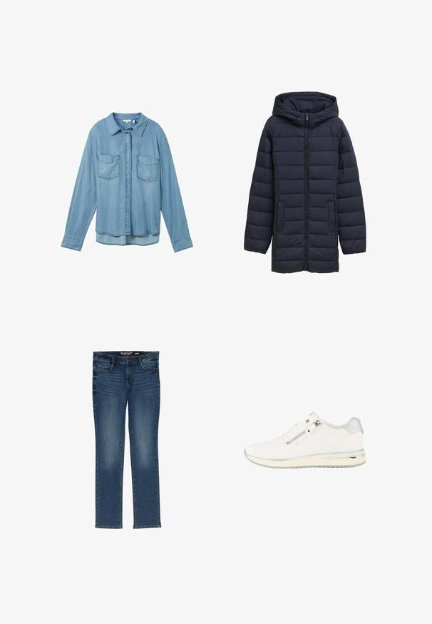 Navyblå polstret jakke med hætte, frontlynlås, to sidelommer og vandret quiltet design. Glat tekstur og minimal detaljering.; Lysblå denimskjorte med lange ærmer, knaplukning og to forlommer. Har en klassisk krave og en let buet kant.; Mørkeblå lige ben jeans lavet af denim, med lynlås, fem lommer og subtilt slid. Størrelsesmærke synligt indeni livlinjen.; Hvid low-top sneaker med lynlås i siden, snørebånd foran, tekstureret stof og sølvdetaljer på hælen og sålen.