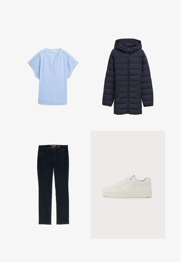 Navyblå polstret jakke med hætte, frontlynlås, to sidelommer og vandret quiltet design. Glat tekstur og minimal detaljering.; Lys blå kortærmet skjorte i et åndbart stof, med v-halsudskæring og en subtil tekstureret mønster over hele. ; Mørkeblå lige ben jeans lavet af denim. Har fem lommer, kontrastfarvet orange syning og en linning med mærkets navn.; Hvide sneakers med en glat læderoverflade, rund tå, seks snørrehuller, polstret krave og struktureret gummisål. Diskret mærkelogo på siden.