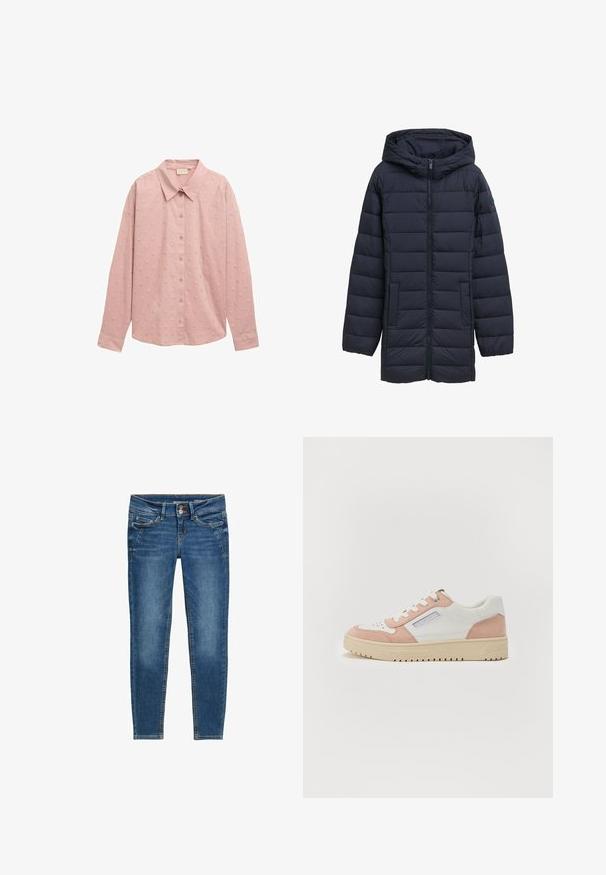 Navyblå polstret jakke med hætte, frontlynlås, to sidelommer og vandret quiltet design. Glat tekstur og minimal detaljering.; Lys pink langærmet skjorte med knapper og krave samt struktureret polkaprikket mønster. Lavet af blødt stof med strukturerede ærmer.; Blå denim skinny jeans med en glat tekstur, fem-lommers design, kobbernitter detaljer og kontrastfuld orange syning.; Hvide og lyserøde sneakers i glat læder og ruskind, rund tå, flad sål og tonale snørebånd. Har sidebranding-detalje.