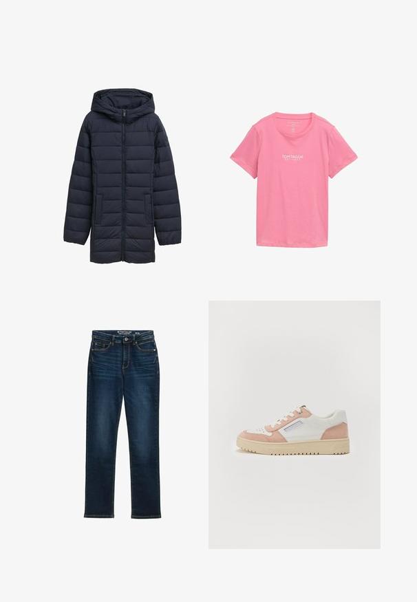 Navyblå polstret jakke med hætte, frontlynlås, to sidelommer og vandret quiltet design. Glat tekstur og minimal detaljering.; Lyserød T-shirt med korte ærmer lavet af blødt stof. Har rund halsudskæring og en hvid mærkelogo trykt på forsiden.; Mørkeblå lige ben jeans lavet af denim, med fem lommer, metalknaplukning og kontraststikning. Ingen synlige slidmærker.; Hvide og lyserøde sneakers i glat læder og ruskind, rund tå, flad sål og tonale snørebånd. Har sidebranding-detalje.
