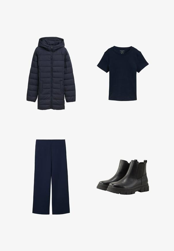 Navyblå polstret jakke med hætte, frontlynlås, to sidelommer og vandret quiltet design. Glat tekstur og minimal detaljering.; Marineblå kortærmet T-shirt lavet af bomuld, med rund halsudskæring og et enkelt, udekoreret design med en regular fit.; Marineblå brede bukser lavet af letvægtigt stof, med et rent design og lige snit, forsynet med sidelommer og uden synlige lukninger.; TOM TAILOR Ankelstøvler - black