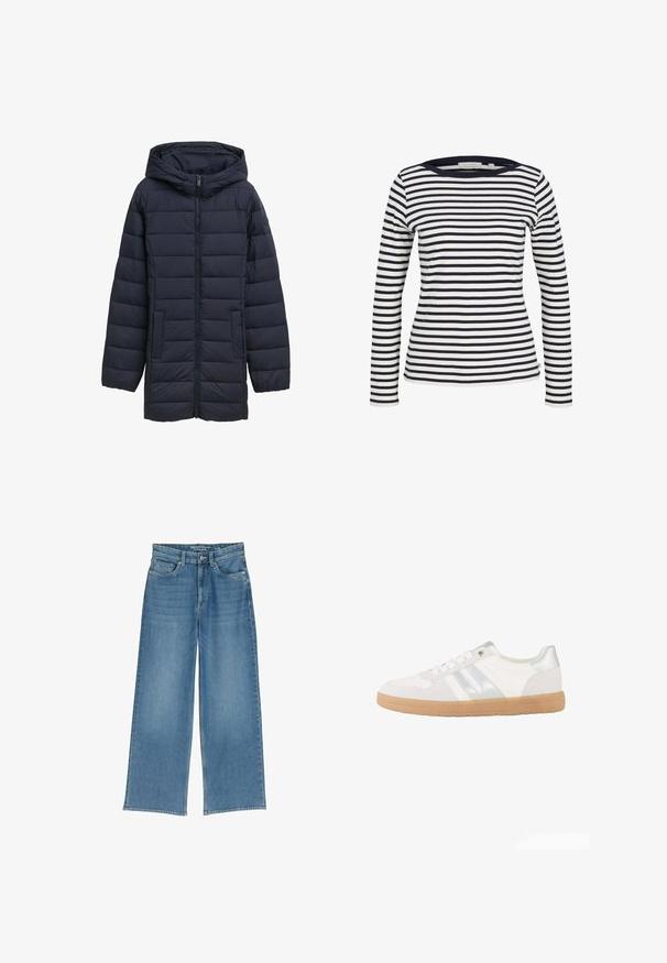Chaqueta acolchada de color azul marino con capucha, cremallera frontal, dos bolsillos laterales y diseño de acolchado horizontal. Textura suave y detalles mínimos.; TOM TAILOR DENIM Camiseta de manga larga - navy/white; Jeans de mezclilla de pierna ancha en azul claro con una cintura alta, cinco bolsillos y costuras visibles; la tela tiene un acabado ligeramente texturizado.; Zapatilla blanca de caña baja con rayas plateadas, cordones blancos y suela de goma marrón clara, vista de lado sobre un fondo blanco.
