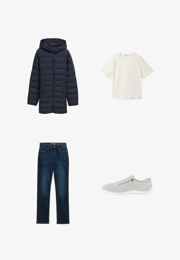 Marineblauwe gewatteerde jas met capuchon, voorrits, twee zijzakken en een horizontaal gestikt ontwerp. Glad textuur en minimale detaillering.; TOM TAILOR DENIM T-shirt basic - gardenia white; Donkerblauwe rechte jeans van denim, met vijf zakken, een metalen knoopsluiting en contrasterende stiknaden. Geen zichtbare slijtage.; Lichtgrijze sneakers van mesh met een rits aan de zijkant, vetersluiting, witte zool en een trekriempje bij de hiel, gezien van de linkerzijzijde.