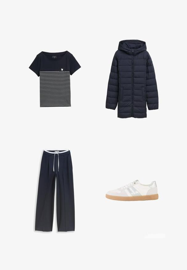 Dunkelblau gesteppte Jacke mit Kapuze, Frontreißverschluss, zwei seitlichen Taschen und horizontalem Steppmuster. Glatte Textur und minimale Details.; Dunkelblaues T-Shirt mit weißen horizontalen Streifen, rundem Ausschnitt, kurzen Ärmeln und einem kleinen Herz-Logo mit dem Text "TOM TAILOR" auf der Vorderseite.; Marineblaue Hosen mit weitem Bein, weißem Kordelzug in der Taille, Gürtelschlaufen, seitlichen Taschen und vorderen Bügelfalten, entworfen für legere oder formelle Anlässe.; Weißer Sneaker mit niedrigem Schnitt, silbernen Streifen, weißen Schnürsenkeln und einer hellbraunen Gummisohle, von der Seite auf weißem Hintergrund dargestellt.