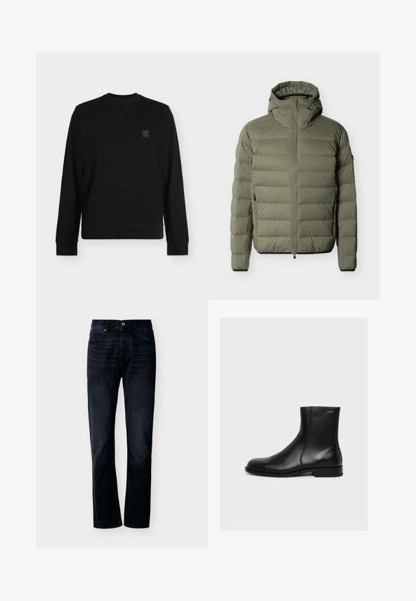 Olijfgroene gewatteerde jas met een hoge kraag, capuchon, volledige voorkant met rits en horizontale stiksels op mouwen en lichaam.; Zwarte crewneck-trui met lange mouwen, geribde boorden en zoom, met een kleine vierkante logopatch op de linkerbovenborst.; Donker indigo recht gesneden spijkerbroek met knoop- en ritssluiting aan de voorkant, riemlussen en een ontwerp met vijf zakken, weergegeven tegen een eenvoudige lichte achtergrond.; Zwarte gladde lederen enkellaars met lage hak en zijrits, gelabeld Hugo vlak bij de bovenrand.