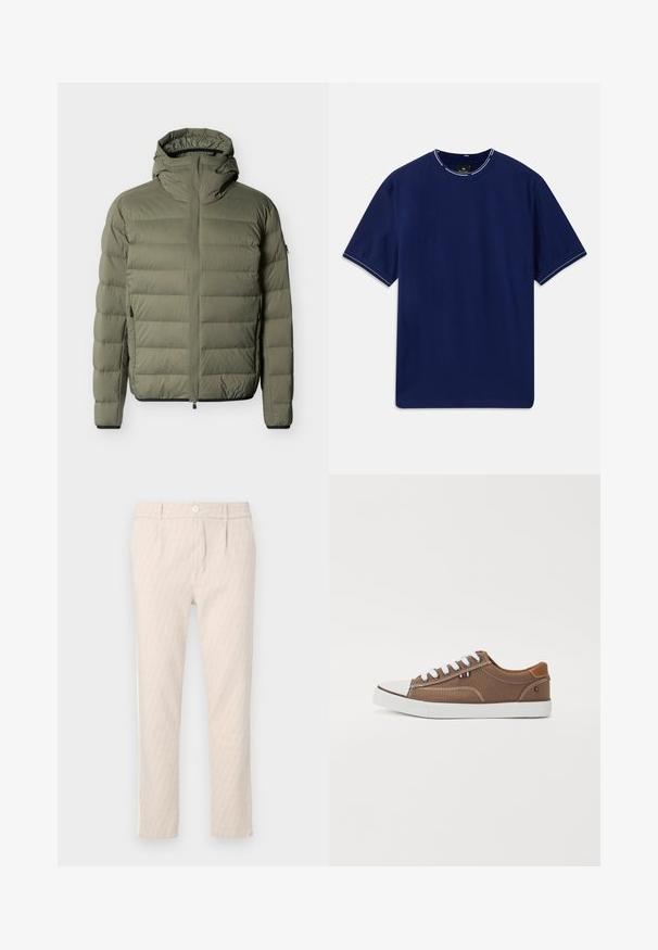 Olivgrüne, gesteppte Jacke mit hohem Kragen, Kapuze, durchgehendem Reißverschluss vorne und horizontaler Steppung an Ärmeln und Körper.; Navyblaue Baumwoll-T-Shirt mit kurzen Ärmeln und Rundhalsausschnitt, versehen mit weißen Nähakzenten am Kragen und den Ärmelsäumen. Glatte Textur.; Beige gemusterte Hose mit dezentem Blattmuster, gut geschnitten, mit Knopfverschluss und Seitentaschen. Glatte Stofftextur.; Braune Canvas-Sneaker mit weißen Schnürsenkeln, Gummispitze und kontrastierenden hellbraunen Akzenten an der Ferse, die ein kleines dreifarbige Emblem aufweisen.