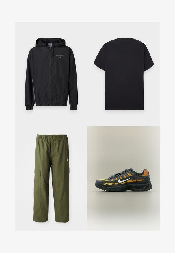 Μαύρο jacket New Balance με κουκούλα και φερμουάρ, ελαστικές μανσέτες και αντανακλαστικό λογότυπο στο στήθος, σχεδιασμένο για αθλητικές δραστηριότητες και ανθεκτικότητα στο νερό.; Μαύρο κοντομάνικο μπλουζάκι Nike με στρογγυλή λαιμόκοψη και μικρό μαύρο λογότυπο Nike στο κέντρο του στήθους.; Ναϊκ cargo παντελόνι σε σκούρο ελαιόχρωμο, με ελαστική μέση, δύο πλαϊνές τσέπες και μαλακό, ελαφρύ ύφασμα.; Μαύρο και κίτρινο αθλητικό παπούτσι Nike P-6000 με λευκή ρίγα, μαύρη σόλα και πλεκτό επάνω μέρος, εμφανίζεται σε πλάγια όψη σε απλό φόντο.