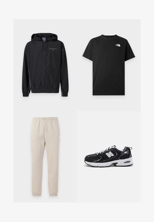 Zwarte New Balance capuchonjack met ritssluiting, elastische manchetten en reflecterend logo op de borst, ontworpen voor atletiek en waterbestendigheid.; Zwart katoenen T-shirt met korte mouwen, ronde hals en een klein wit logo op de linkerborst. Glad oppervlak, standaard pasvorm.; Lichtbeige sweatpants gemaakt van zachte stof met een elastische tailleband, verstelbare trekkoord en taps toelopende manchetten bij de enkels.; Zwarte en grijze sport schoenen met een bovenwerk van mesh en suede, voorzien van een witte tussenzool, veters en een gedurfde "N"-logo aan de zijkant.