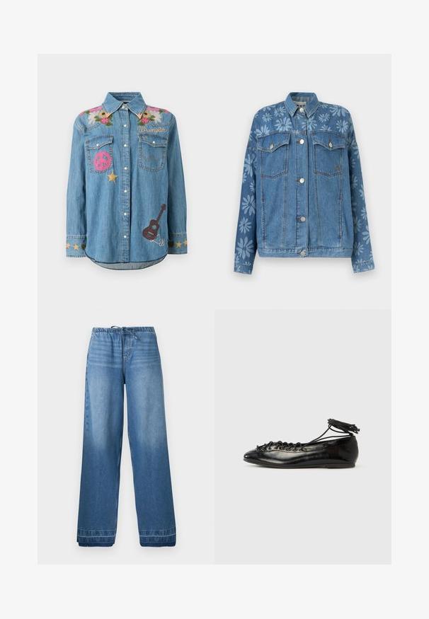 Veste en denim bleu avec fermeture à boutons, poches à rabat sur la poitrine et imprimés floraux légers sur le haut de la poitrine et les manches.; Chemise en jean à boutons avec broderie florale sur les épaules, patch rose en forme de signe de paix, étoiles dorées, texte "Wrangler" et patch guitare marron sur le devant.; Pantalon en denim bleu à jambes larges avec ceinture élastique et cordon de serrage, présentant des zones légèrement délavées et des ourlets cousus.; Ballerines en cuir verni noir avec un bout rond, un design à lacets et une semelle plate. Texture lisse avec peu de détails.