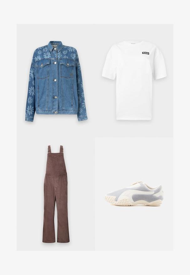 Blauwe spijkerjacket met knoopsluiting, klepzakken op de borst en lichte bloemenprints op de bovenborst en mouwen.; Witte T-shirt met korte mouwen en een kleine zwarte Columbia Sportswear-logo patch op de linkerborst.; Bruine corduroy tuinbroeken met verstelbare schouderbanden, wijde pijpen en verticale ribbelstructuur. Beschikt over zijzakken en een relaxte pasvorm.; Sportschoen in lichtgrijs suede met witte leren accenten. Heeft een gestructureerde zool met kleine spikes voor grip. Instapontwerp.