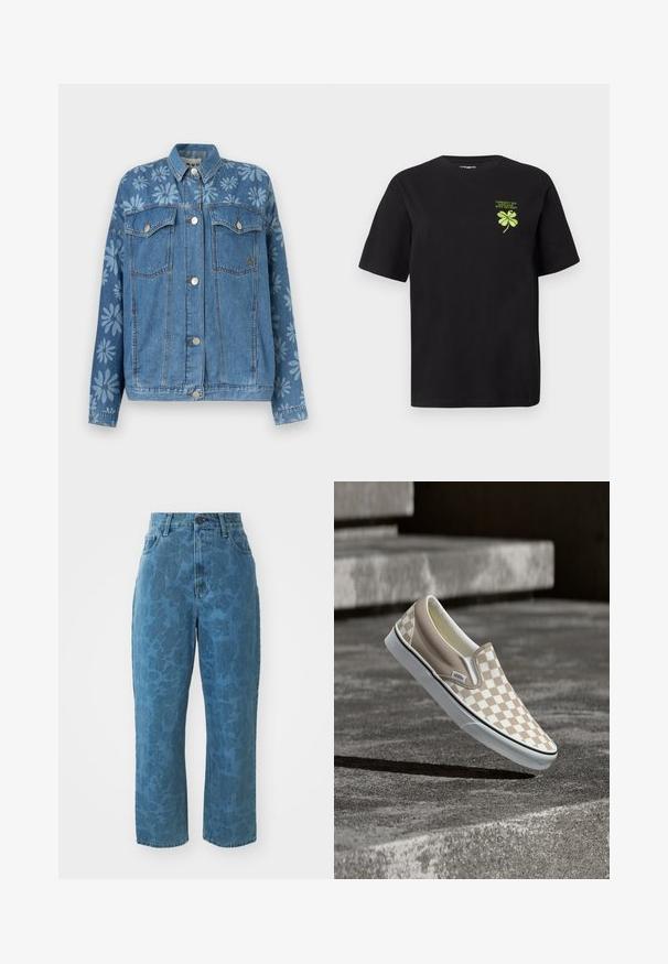 Blaue Jeansjacke mit Knopfverschluss, Brustklappentaschen und zarten floralen Mustern auf der oberen Brust und den Ärmeln.; Schwarzes Baumwoll-T-Shirt mit kurzen Ärmeln und geradem Schnitt. Mit einem grünen gestickten vierblättrigen Kleeblatt und Text auf der linken Brust.; Hellblaue Jeans aus Denim mit subtiler gemusterter Textur, hoher Taille und geradem Bein. Mit einem vorderen Knopf- und Reißverschluss.; Beiger und weißer kariert Slip-On Vans Schuh, der über strukturierten Betontreppen im Freien schwebt.