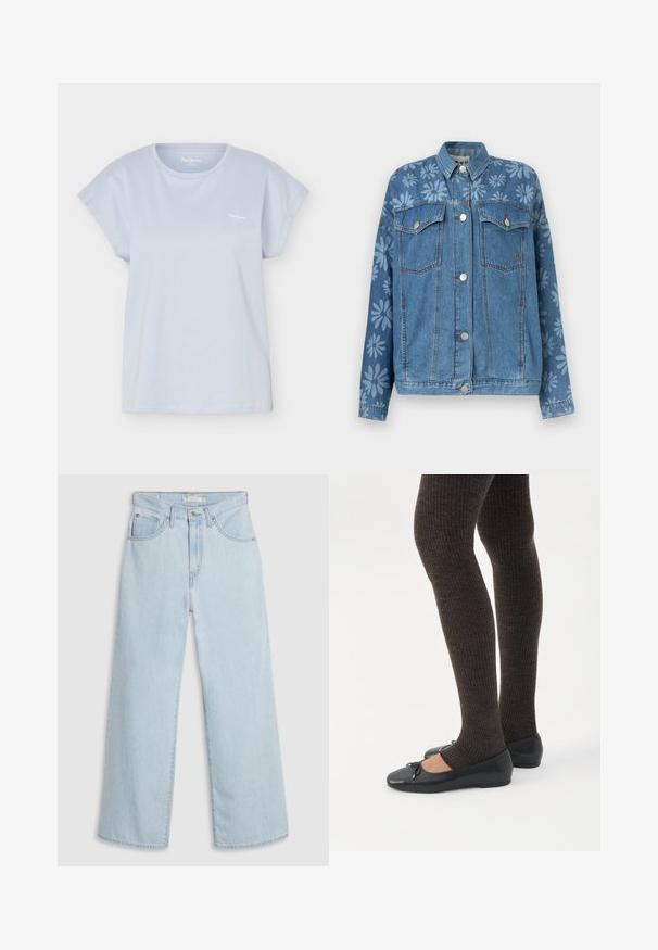 Blauwe spijkerjacket met knoopsluiting, klepzakken op de borst en lichte bloemenprints op de bovenborst en mouwen.; Lichtblauw T-shirt met korte mouwen en ronde hals met klein wit logo op de linkerborst, weergegeven tegen een witte achtergrond.; Lichtblauwe, wijde denim jeans met een hoge taille, voorzien van een knoop- en ritssluiting, dubbele voorzakken en subtiele stikseldetails.; Benen met donkere geribbelde leggings gecombineerd met zwarte ballerina's met kleine strikdetails op een witte achtergrond.