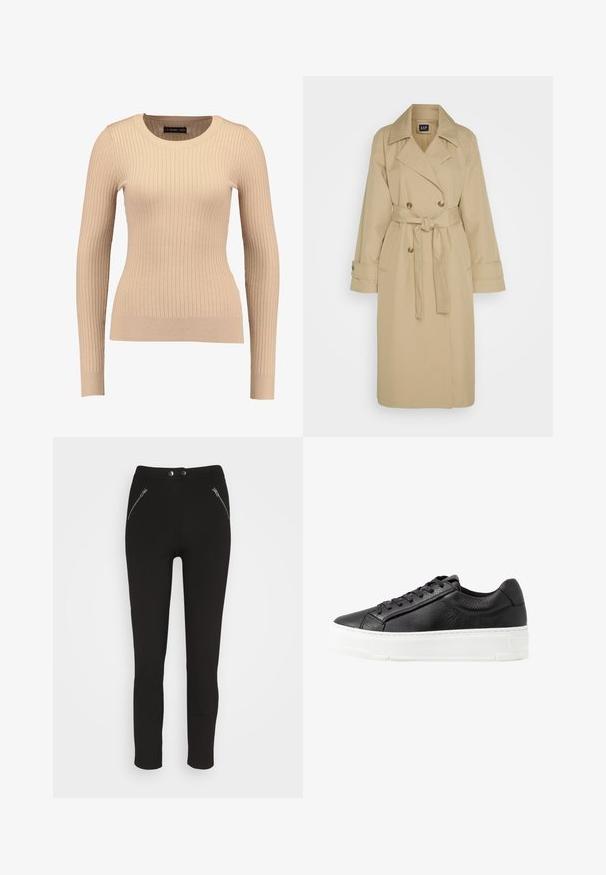 GAP ICON - Trenchcoat - khaki; Geribbelde lange mouwen trui in lichtbeige, gemaakt van rekbaar materiaal. Kenmerkt zich door een ronde halslijn en een getailleerde pasvorm met gebande mouwen.; Zwarte aansluitende broek van stretchmateriaal, met een hoge tailleband en twee ritszakken aan de voorkant. Eenvoudig en strak ontwerp.; Zwarte leren sneaker met een gestructureerd oppervlak, witte rubberen zool, ronde neus en vetersluiting. Kenmerkt zich door stiksels en een gladde tong.