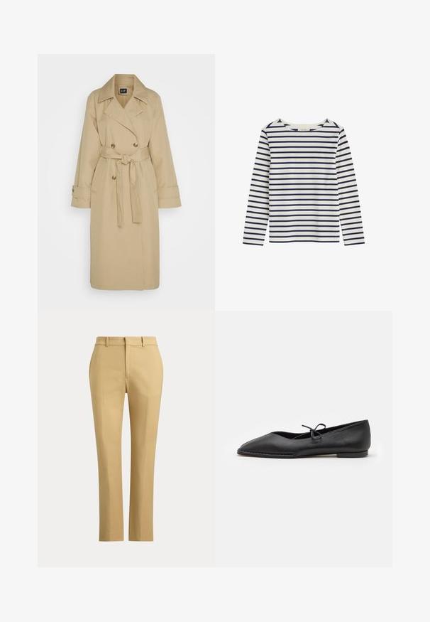 GAP ICON - Trenchcoat - khaki; Langærmet hvid skjorte med horisontale marineblå striber og rund halsudskæring, lagt fladt på en hvid baggrund.; Beige bukser med lige ben, bæltestropper, forreste presning og en ensfarvet talje mod en ensfarvet baggrund.; ALOHAS SWAY - Ballerinasko - black