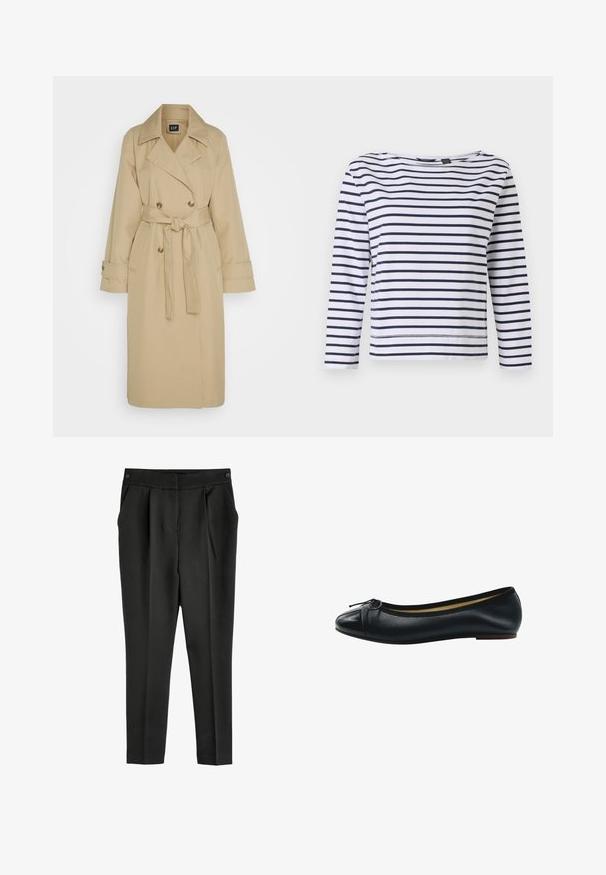 GAP ICON - Trenchcoat - khaki; Gestreepte lange mouwen top in wit en marineblauw, met een bootnek en een ontspannen pasvorm. Gemaakt van zacht katoen met gestikte zomen.; Zwarte high-waisted broeken met een gladde textuur, met plooien, twee zakken en knoopsluiting. Tapered leg ontwerp.; Zwarte leren ballette flats met een ronde neus, decoratieve strikdetails en een gladde afwerking. Dunne rubberen zool met een subtiele hak.