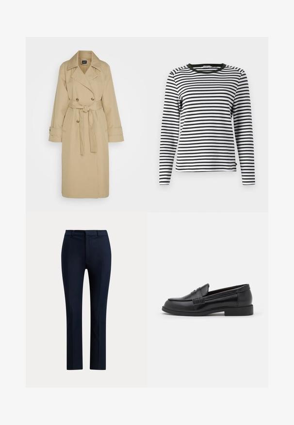 GAP ICON - Καμπαρντίνα - khaki; Μακρυμάνικο μπλούζα σε μαύρες και λευκές ρίγες, με στρογγυλή πράσινη λαιμόκοψη. Μαλακό ύφασμα με κανονική εφαρμογή και ίσια τελειώματα.; Σκούρο ναυτικό παντελόνι με ίσια γραμμή, ραμμένο κατόπιν παραγγελίας, με θηλιές για ζώνη και μπροστινό φερμουάρ σε λευκό φόντο.; Μαύρες δερμάτινες loafers με λείο υφή, στρογγυλή μύτη, ραφές στο επάνω μέρος και χαμηλή, επίπεδη καουτσούκ σόλα.