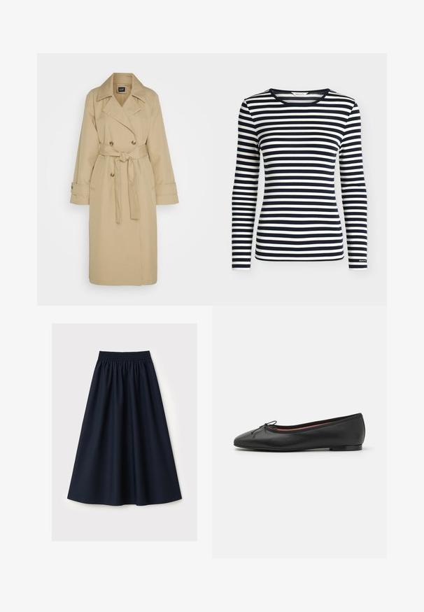 GAP ICON - Καμπαρντίνα - khaki; Μακρυμάνικο πουκάμισο με ναυτικά και λευκά οριζόντια ρίγες και στρογγυλή λαιμόκοψη, με το λογότυπο GANT στο μανίκι.; Φούστα σε ναυτικό μπλε χρώμα, κατασκευασμένη από λείο ύφασμα, με ελαστική μέση, καμπυλωτό σχέδιο και μήκος μέχρι το γόνατο. Χωρίς σχέδια ή διακοσμητικά στοιχεία.; Μαύρη δερμάτινη μπαλαρίνα με στρογγυλή μύτη, λεπτομέρεια φιόγκου στο μπροστά μέρος και χαμηλό, επίπεδο τακούνι. Λείο υλικό και κομψός σχεδιασμός.