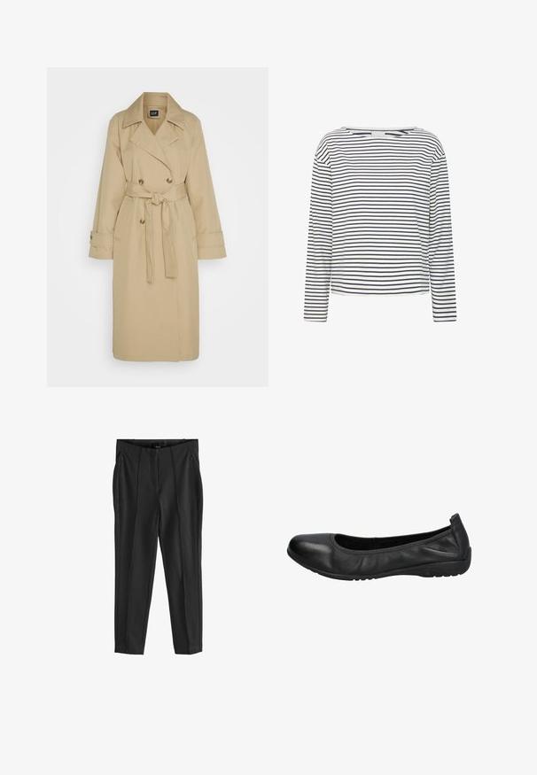GAP ICON - Trenchcoat - khaki; Langärmliges Oberteil mit Bootsausschnitt, aus weichem Stoff mit horizontalen Streifen in Marineblau und Weiß. Gerader Schnitt und minimalistische Details.; Schwarze, taillierte Hose mit glatter Textur, ausgestattet mit zwei vorderen Reißverschlusstaschen und vorderen Falten für ein strukturiertes Design.; Schwarze Leder-Ballettschuhe mit einer runden Spitze, glatter Textur und einem leicht elastischen Rand für zusätzlichen Komfort. Gummisohle für besseren Halt.