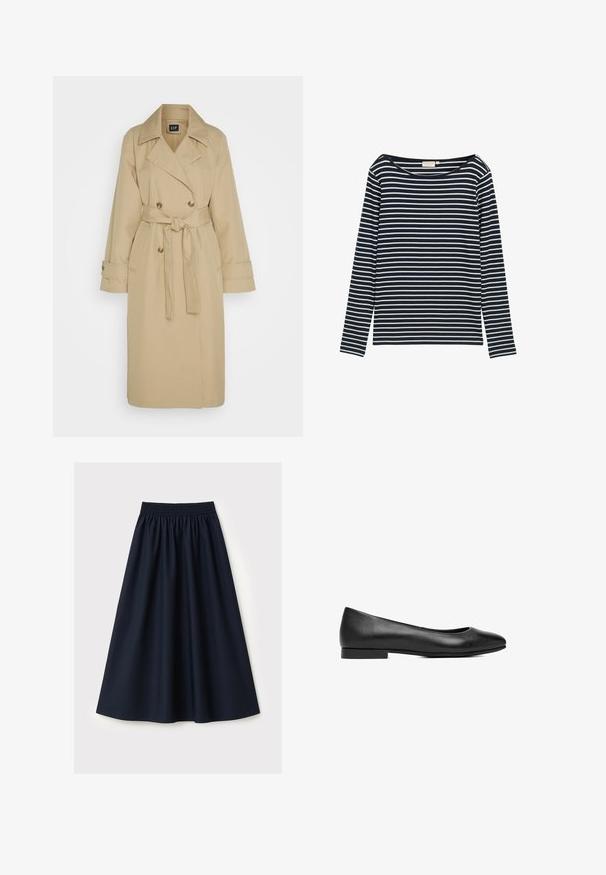 GAP ICON - Trenchcoat - khaki; Navy en witte gestreepte langarmshirt met een brede halslijn, gemaakt van een zacht materiaal, met gelijkmatig verdeelde horizontale strepen.; Marineblauwe rok gemaakt van gladde stof, voorzien van een elastische tailleband, uitlopende pasvorm en een knielengte. Geen patronen of accenten zichtbaar.; Zwart leren ballerina voor dames met afgeronde neus en lage hak, zijaanzicht op witte achtergrond.