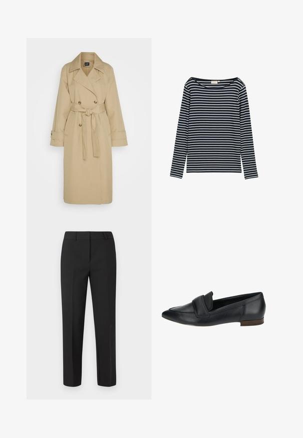 GAP ICON - Trenchcoat - khaki; Marineblå og hvid stribet langærmet skjorte med en bred halsudskæring, lavet af et blødt materiale, med jævnt fordelte vandrette striber.; Sorte skræddersyede bukser med lige ben, flad front og uden synlige pyntedetaljer. Fremstillet af et glat stof med en skarp finish.; Sorte lædersko med spids tå, som har en foldet vampdetalje og en lav træhæl. Glat tekstur med et klassisk design.
