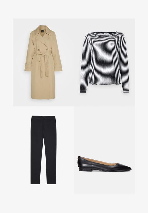 GAP ICON - Trenčkot - khaki; Dlhý rukáv top v námorníckej modrej a bielych pruhoch, s okrúhlym výstrihom a voľným strihom. Vyrobený z ľahkej, texturovanej látky.; Čierne formálne nohavice slim-fit s pútkami na opasok a prednými vreckami, navrhnuté pre upravený, profesionálny vzhľad.; Čierne kožené baletky s špičatou špičkou, nízkym podpätkom a zlatým akcentom na podpätku. Hladká textúra s klasickou siluetou.