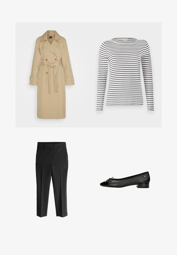 GAP ICON - Trenchcoat - khaki; Langärmliges gestreiftes Hemd aus weichem Stoff, mit navy- und weißen horizontalen Streifen, runder Halslinie und schlanker Passform.; Schwarze, dehnbare Hosen mit einem breiten elastischen Bund. Sie haben einen geraden Schnitt und seitliche Schlitze an den Knöcheln für mehr Bewegungsfreiheit.; Schwarze Ballerinas mit spitzem Zehenbereich, aus Leder gefertigt, mit Lackleder-Akzent an der Zehe und einem niedrigen Blockabsatz. Verfügt über ein Schleifen-Detail.