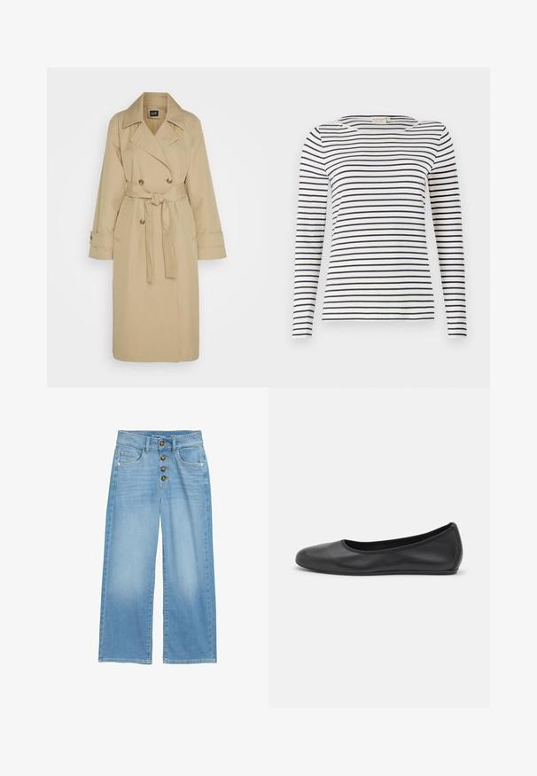 GAP ICON - Trenchcoat - khaki; Langærmet stribet skjorte lavet af blødt stof, med marineblå og hvide vandrette striber, rund halsudskæring og en slim-fit design.; Lyseblå vidde jeans lavet af denim, med høj talje, fem-knaps lukning foran og to forlommer. Glat tekstur over det hele.; Sort læderballetsko med rund tå, glat tekstur, minimal syning og et fleksibelt såldesign.