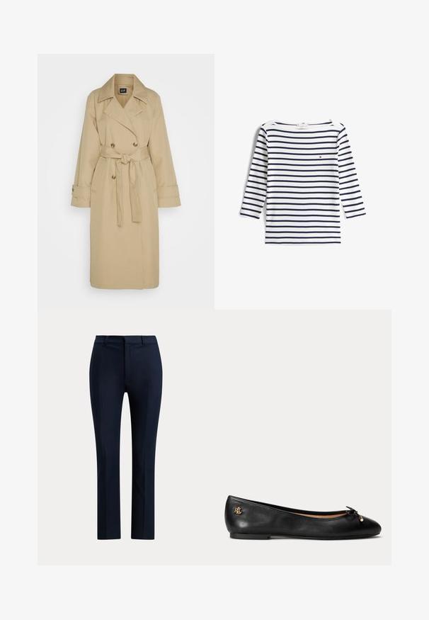 GAP ICON - Trenssi - khaki; Valkoinen pitkähihainen paita, jossa on tummansinisiä vaakaraitoja ja pieni punainen, valkoinen ja sininen logo vasemmassa rinnassa.; Laivastonsiniset räätälöidyt suorat housut, joissa on vyölenkit ja edessä vetoketjusulku.; Musta nahkainen ballerinatossu, jossa pieni rusetti ja kulta-logo kantapäässä, litteä pohja ja pyöreä kärki.